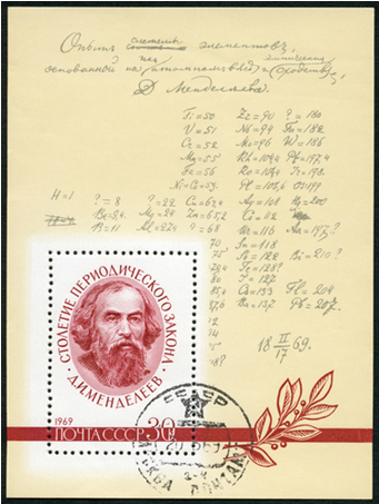 Selo impresso na URSS, Circa, mostra Mendeleiev e elementos com as respectivas massas atÃ´micas por volta de 1969 2