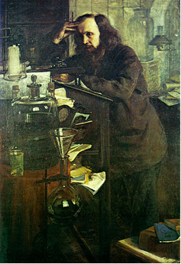 Mendeleiev debruÃ§ado sobre sua mesa de estudos
